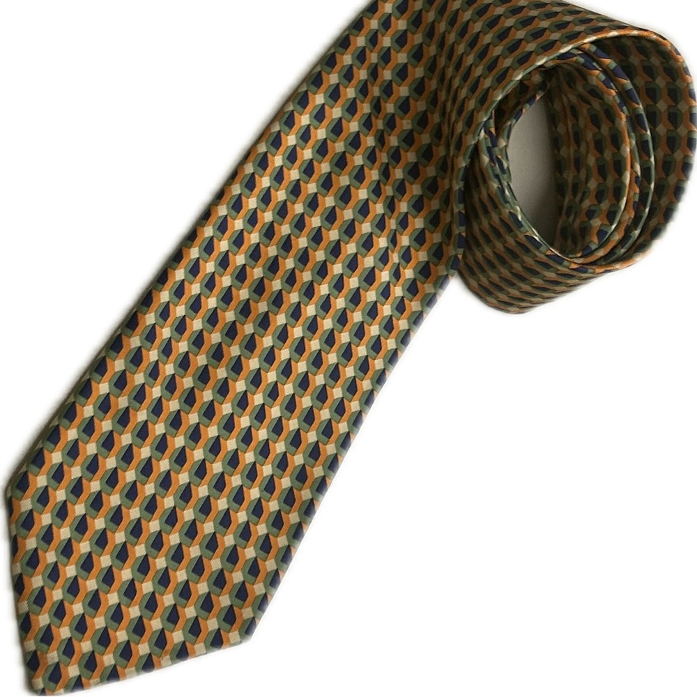 Vintage Gallieni Silk Tie with Orange, Navy. Green, and Tan Geometric Pattern